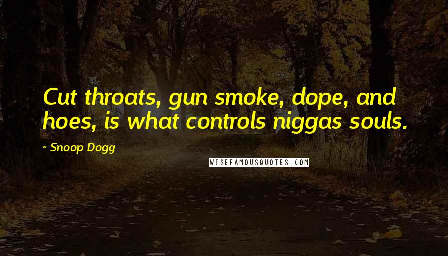 Snoop Dogg Quotes: Cut throats, gun smoke, dope, and hoes, is what controls niggas souls.