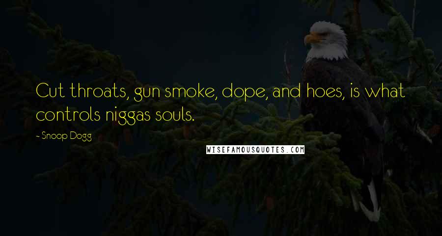 Snoop Dogg Quotes: Cut throats, gun smoke, dope, and hoes, is what controls niggas souls.