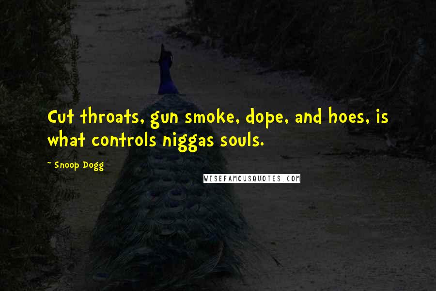 Snoop Dogg Quotes: Cut throats, gun smoke, dope, and hoes, is what controls niggas souls.