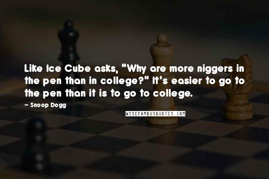 Snoop Dogg Quotes: Like Ice Cube asks, "Why are more niggers in the pen than in college?" It's easier to go to the pen than it is to go to college.