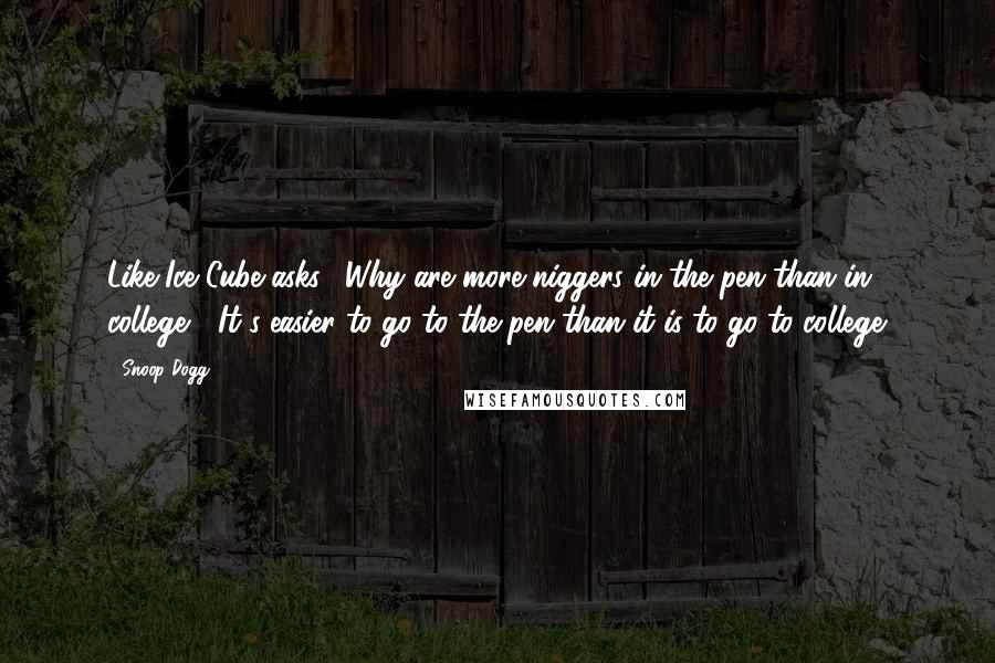 Snoop Dogg Quotes: Like Ice Cube asks, "Why are more niggers in the pen than in college?" It's easier to go to the pen than it is to go to college.