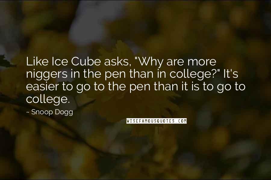 Snoop Dogg Quotes: Like Ice Cube asks, "Why are more niggers in the pen than in college?" It's easier to go to the pen than it is to go to college.