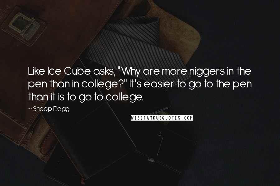 Snoop Dogg Quotes: Like Ice Cube asks, "Why are more niggers in the pen than in college?" It's easier to go to the pen than it is to go to college.