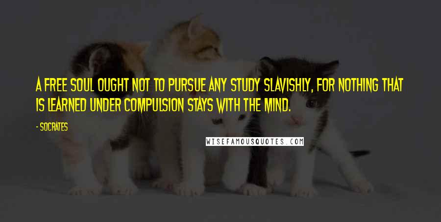 Socrates Quotes: A free soul ought not to pursue any study slavishly, for nothing that is learned under compulsion stays with the mind.