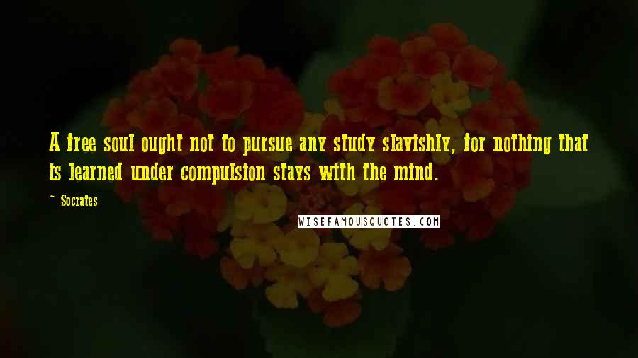 Socrates Quotes: A free soul ought not to pursue any study slavishly, for nothing that is learned under compulsion stays with the mind.