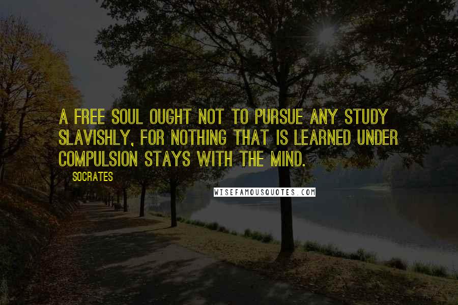 Socrates Quotes: A free soul ought not to pursue any study slavishly, for nothing that is learned under compulsion stays with the mind.