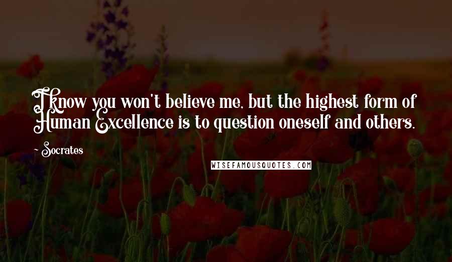 Socrates Quotes: I know you won't believe me, but the highest form of Human Excellence is to question oneself and others.