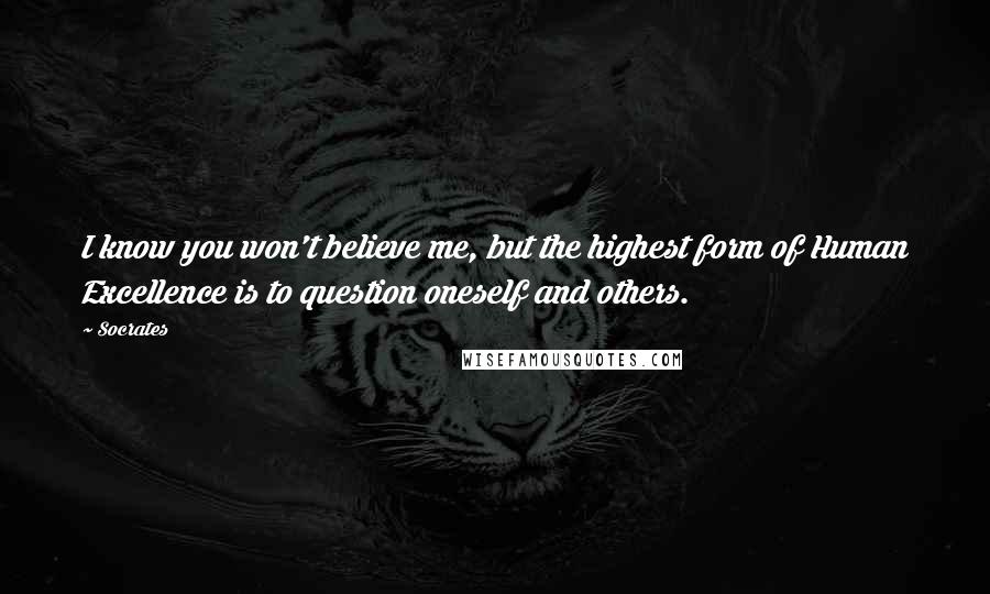 Socrates Quotes: I know you won't believe me, but the highest form of Human Excellence is to question oneself and others.