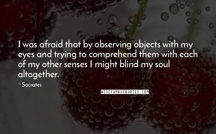 Socrates Quotes: I was afraid that by observing objects with my eyes and trying to comprehend them with each of my other senses I might blind my soul altogether.