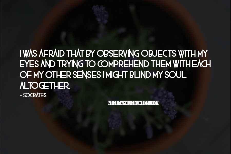 Socrates Quotes: I was afraid that by observing objects with my eyes and trying to comprehend them with each of my other senses I might blind my soul altogether.