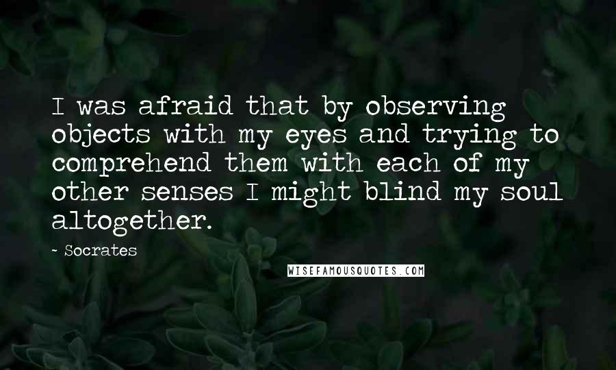 Socrates Quotes: I was afraid that by observing objects with my eyes and trying to comprehend them with each of my other senses I might blind my soul altogether.