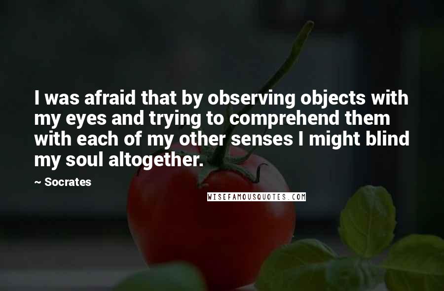 Socrates Quotes: I was afraid that by observing objects with my eyes and trying to comprehend them with each of my other senses I might blind my soul altogether.