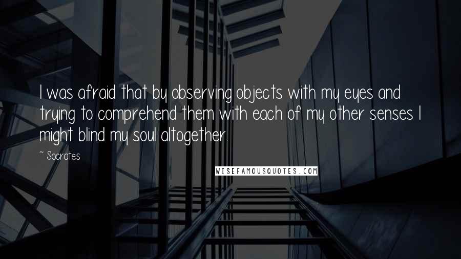 Socrates Quotes: I was afraid that by observing objects with my eyes and trying to comprehend them with each of my other senses I might blind my soul altogether.