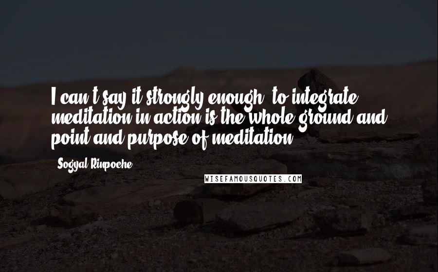 Sogyal Rinpoche Quotes: I can't say it strongly enough; to integrate meditation in action is the whole ground and point and purpose of meditation