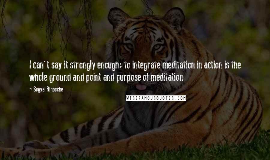 Sogyal Rinpoche Quotes: I can't say it strongly enough; to integrate meditation in action is the whole ground and point and purpose of meditation