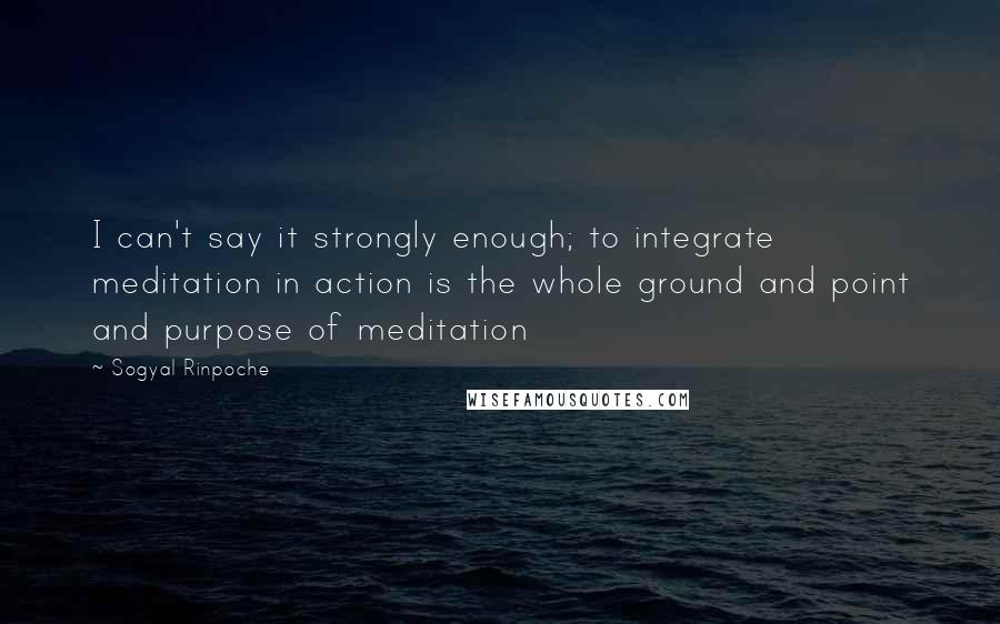 Sogyal Rinpoche Quotes: I can't say it strongly enough; to integrate meditation in action is the whole ground and point and purpose of meditation