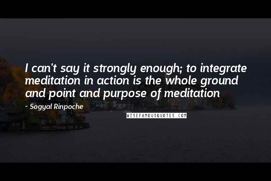 Sogyal Rinpoche Quotes: I can't say it strongly enough; to integrate meditation in action is the whole ground and point and purpose of meditation