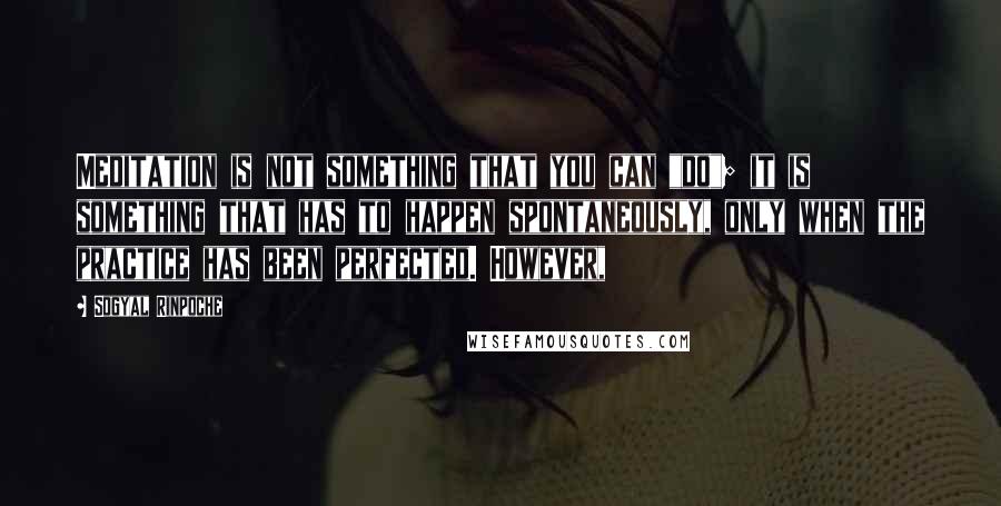 Sogyal Rinpoche Quotes: Meditation is not something that you can "do"; it is something that has to happen spontaneously, only when the practice has been perfected. However,