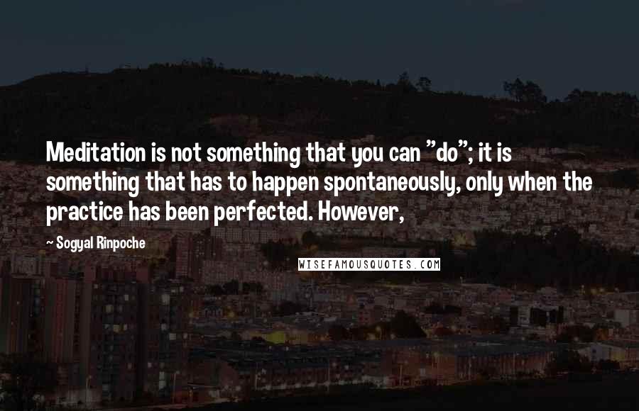 Sogyal Rinpoche Quotes: Meditation is not something that you can "do"; it is something that has to happen spontaneously, only when the practice has been perfected. However,