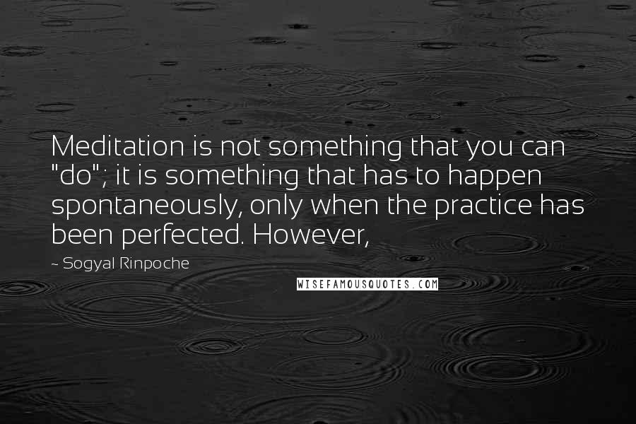 Sogyal Rinpoche Quotes: Meditation is not something that you can "do"; it is something that has to happen spontaneously, only when the practice has been perfected. However,