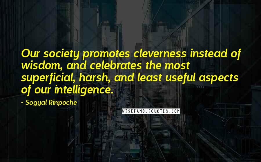 Sogyal Rinpoche Quotes: Our society promotes cleverness instead of wisdom, and celebrates the most superficial, harsh, and least useful aspects of our intelligence.