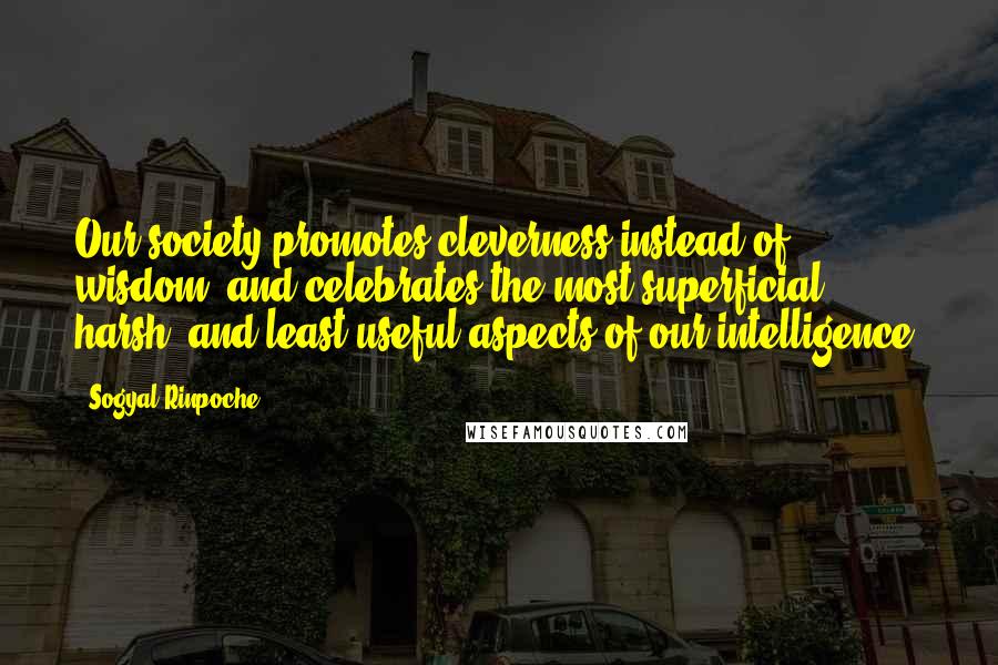 Sogyal Rinpoche Quotes: Our society promotes cleverness instead of wisdom, and celebrates the most superficial, harsh, and least useful aspects of our intelligence.