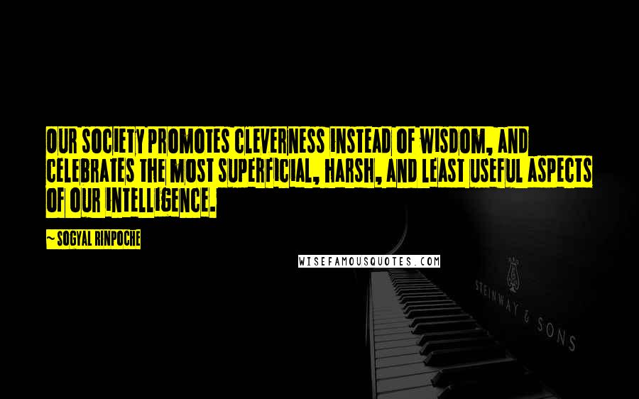 Sogyal Rinpoche Quotes: Our society promotes cleverness instead of wisdom, and celebrates the most superficial, harsh, and least useful aspects of our intelligence.