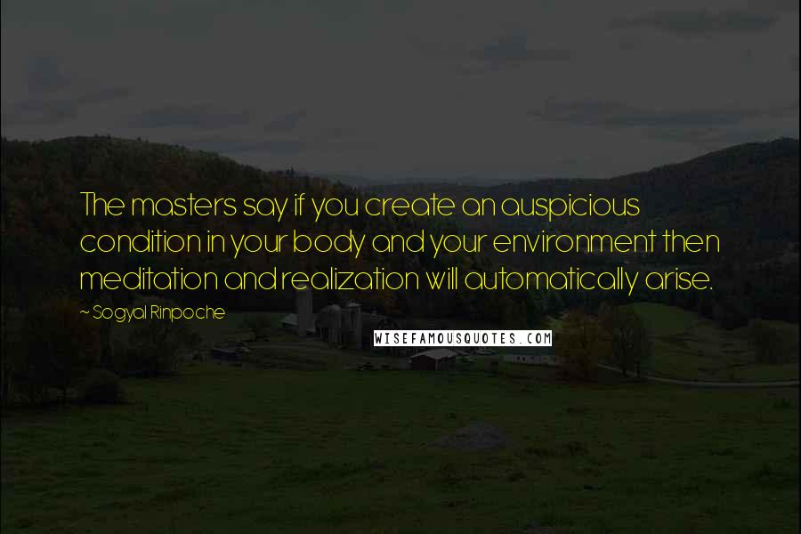 Sogyal Rinpoche Quotes: The masters say if you create an auspicious condition in your body and your environment then meditation and realization will automatically arise.