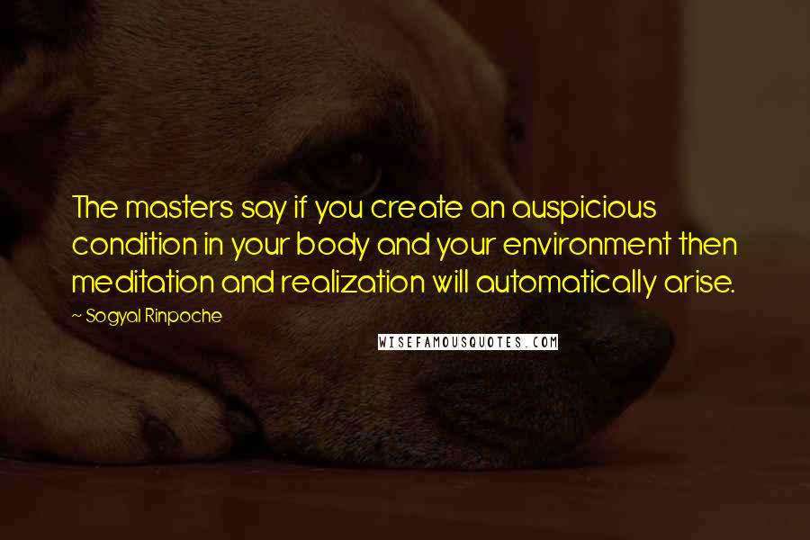 Sogyal Rinpoche Quotes: The masters say if you create an auspicious condition in your body and your environment then meditation and realization will automatically arise.