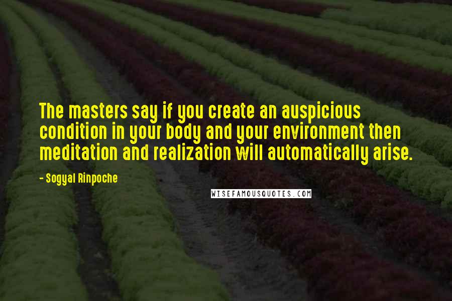 Sogyal Rinpoche Quotes: The masters say if you create an auspicious condition in your body and your environment then meditation and realization will automatically arise.