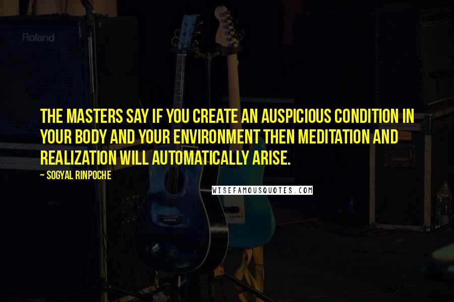 Sogyal Rinpoche Quotes: The masters say if you create an auspicious condition in your body and your environment then meditation and realization will automatically arise.