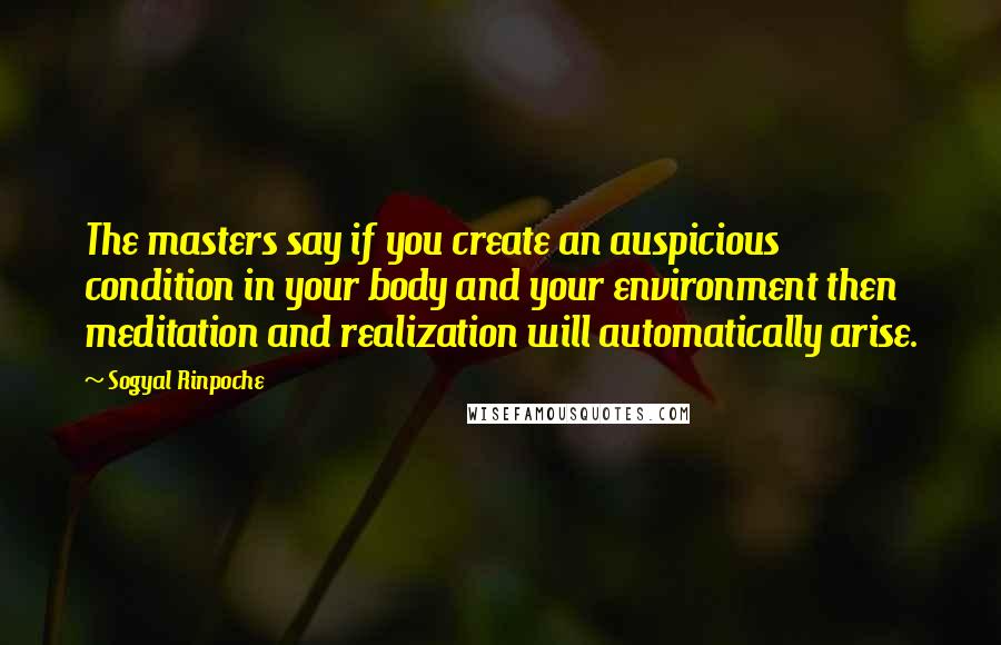 Sogyal Rinpoche Quotes: The masters say if you create an auspicious condition in your body and your environment then meditation and realization will automatically arise.