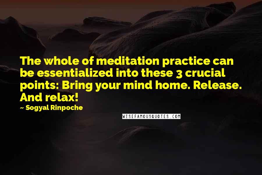 Sogyal Rinpoche Quotes: The whole of meditation practice can be essentialized into these 3 crucial points: Bring your mind home. Release. And relax!