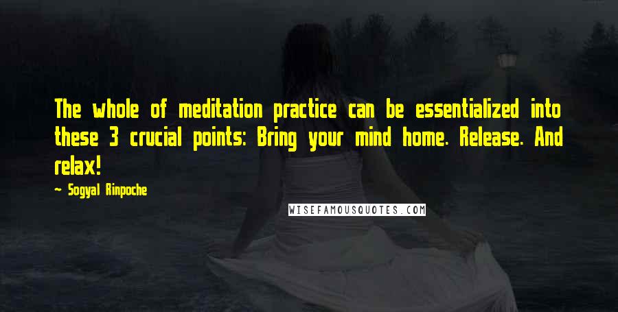 Sogyal Rinpoche Quotes: The whole of meditation practice can be essentialized into these 3 crucial points: Bring your mind home. Release. And relax!