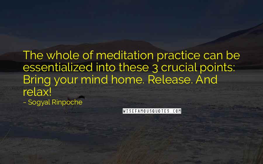 Sogyal Rinpoche Quotes: The whole of meditation practice can be essentialized into these 3 crucial points: Bring your mind home. Release. And relax!