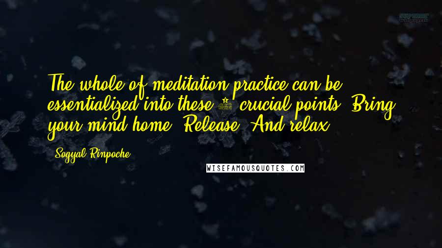 Sogyal Rinpoche Quotes: The whole of meditation practice can be essentialized into these 3 crucial points: Bring your mind home. Release. And relax!