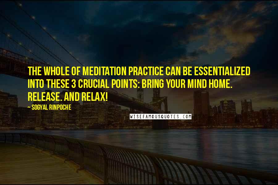 Sogyal Rinpoche Quotes: The whole of meditation practice can be essentialized into these 3 crucial points: Bring your mind home. Release. And relax!