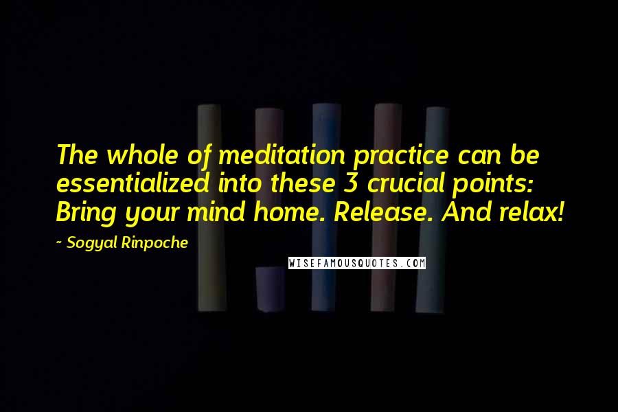 Sogyal Rinpoche Quotes: The whole of meditation practice can be essentialized into these 3 crucial points: Bring your mind home. Release. And relax!