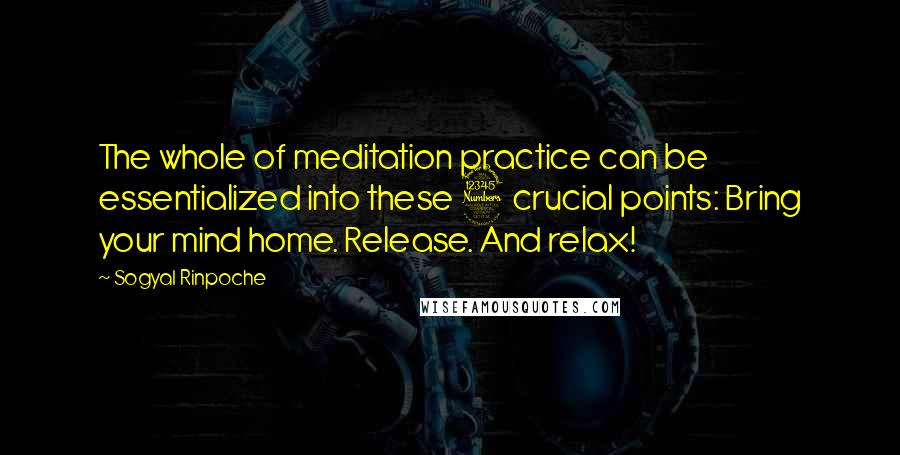 Sogyal Rinpoche Quotes: The whole of meditation practice can be essentialized into these 3 crucial points: Bring your mind home. Release. And relax!