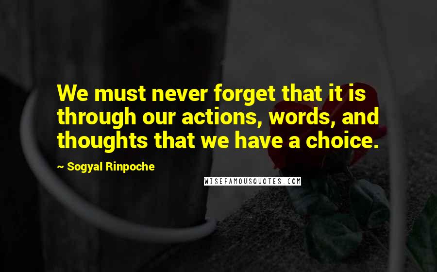 Sogyal Rinpoche Quotes: We must never forget that it is through our actions, words, and thoughts that we have a choice.