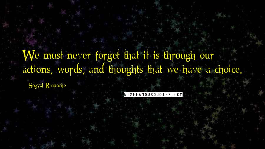 Sogyal Rinpoche Quotes: We must never forget that it is through our actions, words, and thoughts that we have a choice.