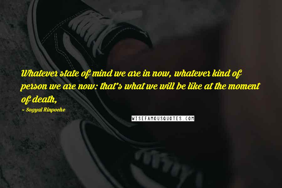 Sogyal Rinpoche Quotes: Whatever state of mind we are in now, whatever kind of person we are now: that's what we will be like at the moment of death,