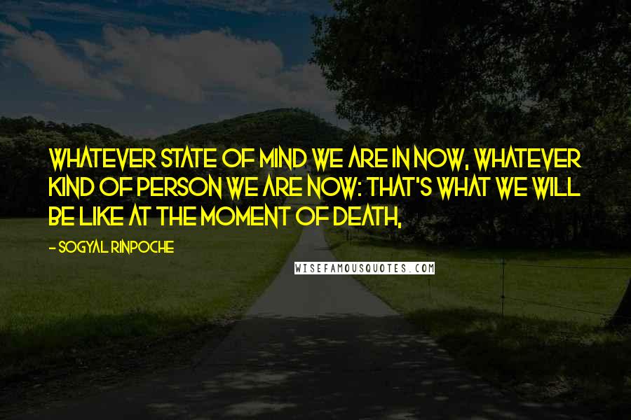 Sogyal Rinpoche Quotes: Whatever state of mind we are in now, whatever kind of person we are now: that's what we will be like at the moment of death,