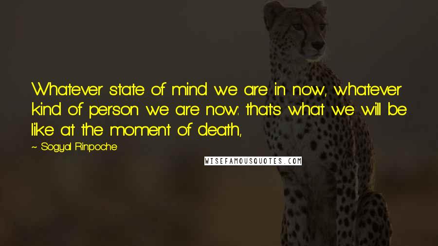 Sogyal Rinpoche Quotes: Whatever state of mind we are in now, whatever kind of person we are now: that's what we will be like at the moment of death,