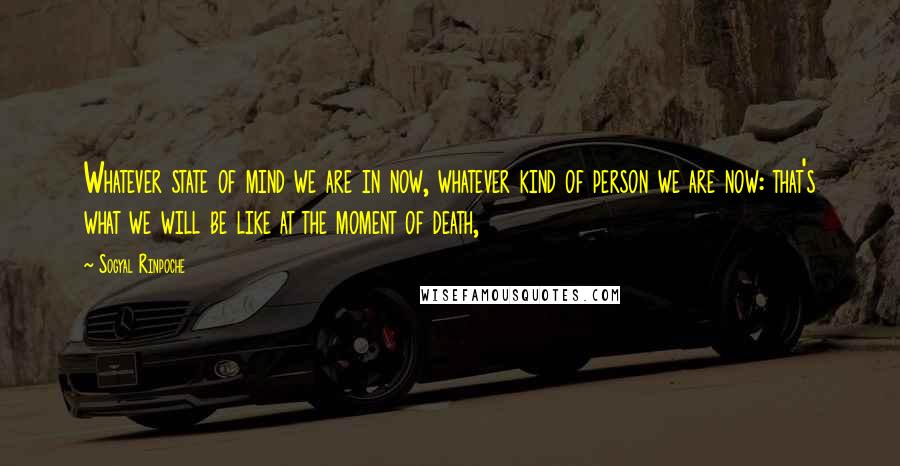 Sogyal Rinpoche Quotes: Whatever state of mind we are in now, whatever kind of person we are now: that's what we will be like at the moment of death,