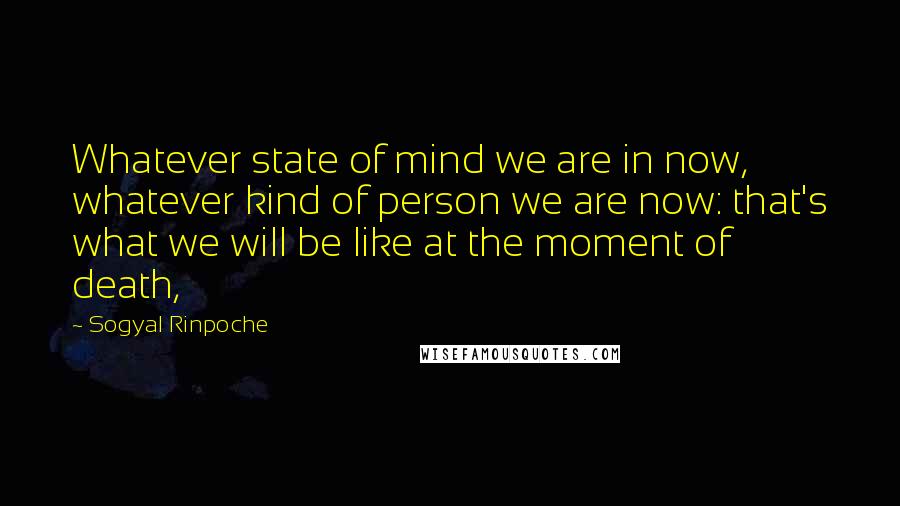 Sogyal Rinpoche Quotes: Whatever state of mind we are in now, whatever kind of person we are now: that's what we will be like at the moment of death,