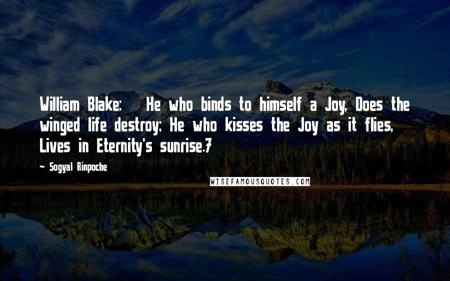 Sogyal Rinpoche Quotes: William Blake:   He who binds to himself a Joy, Does the winged life destroy; He who kisses the Joy as it flies, Lives in Eternity's sunrise.7