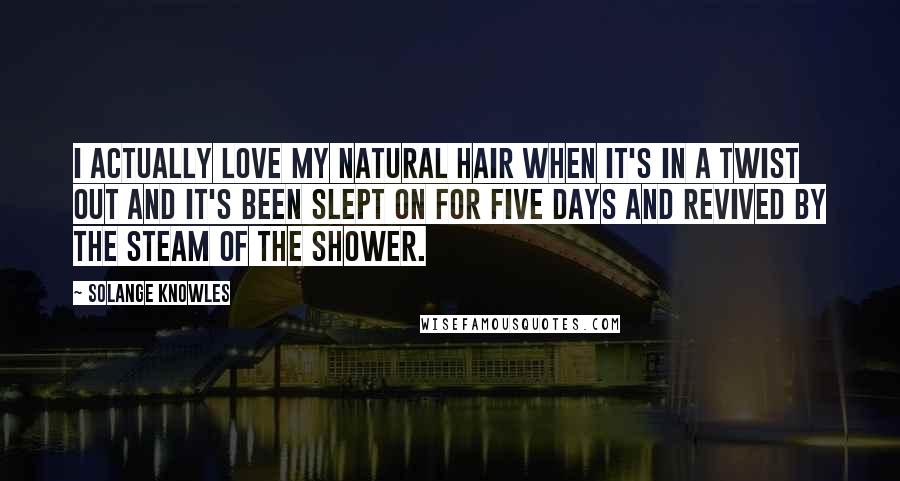 Solange Knowles Quotes: I actually love my natural hair when it's in a twist out and it's been slept on for five days and revived by the steam of the shower.
