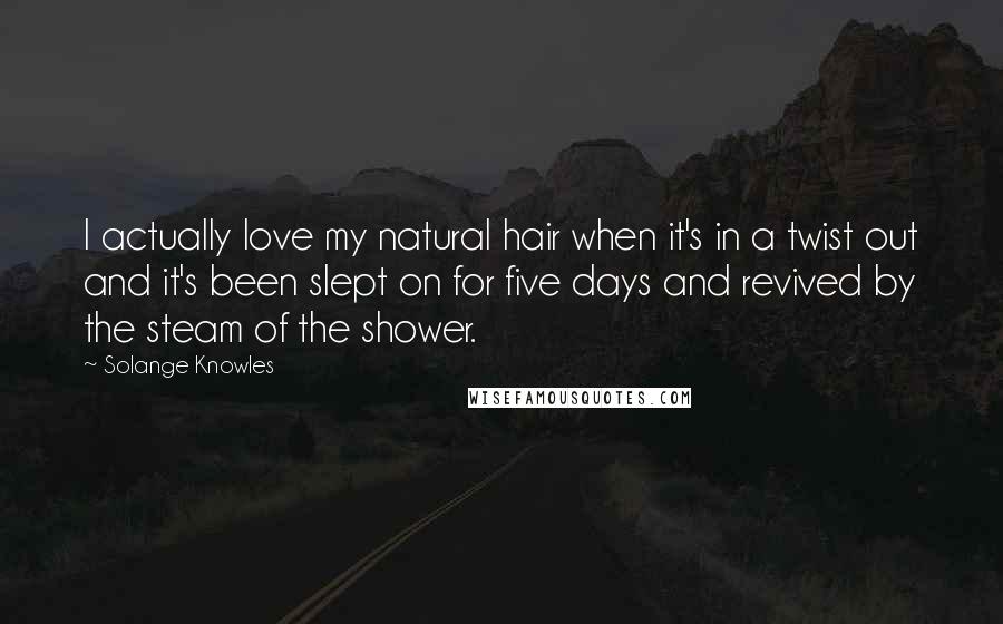 Solange Knowles Quotes: I actually love my natural hair when it's in a twist out and it's been slept on for five days and revived by the steam of the shower.