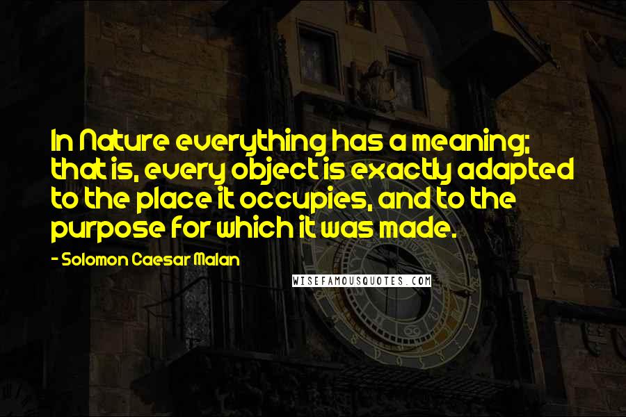 Solomon Caesar Malan Quotes: In Nature everything has a meaning; that is, every object is exactly adapted to the place it occupies, and to the purpose for which it was made.